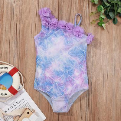 China QUICK DRY Custom Toddler Monokini Swimsuit One Shoulder Ruffle Flower Pattern Shells One Piece Swimwear Child Beachwear for sale