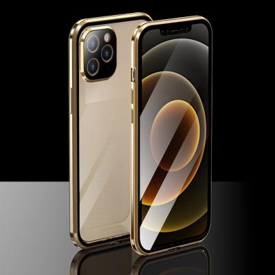 China Full Coverage Shockproof Magnetic Magnet Case 360 ​​Clear Metal Tempered Glass Phone Case For iphone 12 pro Max /12Pro/12 for sale