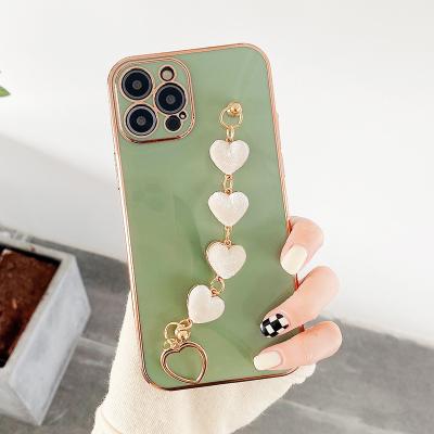 China Cell Phone Shockproof Electroplating Case For Iphone 13 12 11 Silicone Heart Strap Cell Phone Case for sale