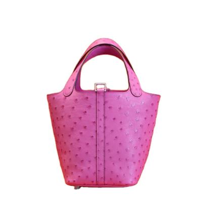 China Daily 18cm genuine ostrich rose luxury pink leather ladies designer handbags women handbags women bucket bags for sale