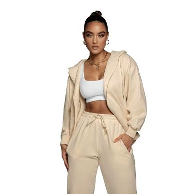 China Wholesale Solid Color White Women Anti-pilling Two Piece Zipper Up Sweatpants Set Winter Tracksuit for sale