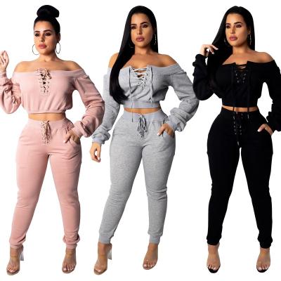 China Anti-pilling Womens Spring 2 Piece Tops And Pants Womens Off Shoulder Fashion Design Black Set Womens OEM Tracksuit for sale