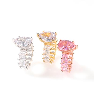 China New Hiphop Style Iced Out Diamond Shape Wand Clear Pink CZ Ring Engagement Finger Ring Women Drop Teardrop Hitter Jewelry NRT1407 for sale