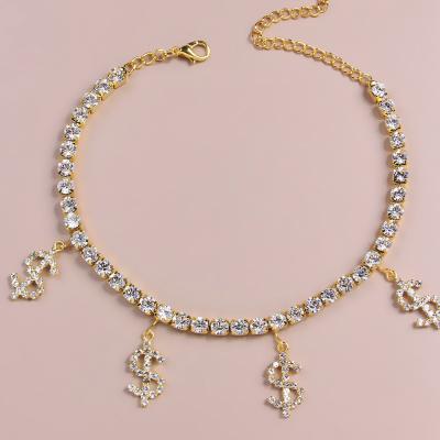 China New Style Diamond Dollar Anklet Bracelet Dangling Hiphop US Dollar Money Sign Charm Foot Anklet Chain For Women for sale