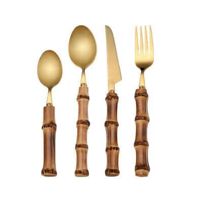 China Sustainable Royal Handmade Reusable Bamboo Retro Handle Gold Plated 304 Stainless Steel Flatware Set for sale