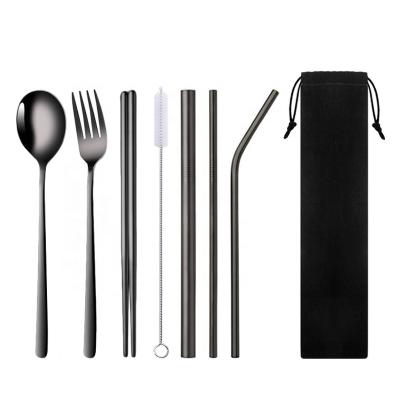 China Viable Chopsticks Straw Cutlery Reusable Travel Camping 8 PCS Cuberteria Stainless Steel Flatware Spoon Fork Set for sale