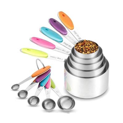 China 10 Pieces Viable Measuring Cups And Spoons Set Stainless Steel Measuring Cups With Color Silicone Handle for sale