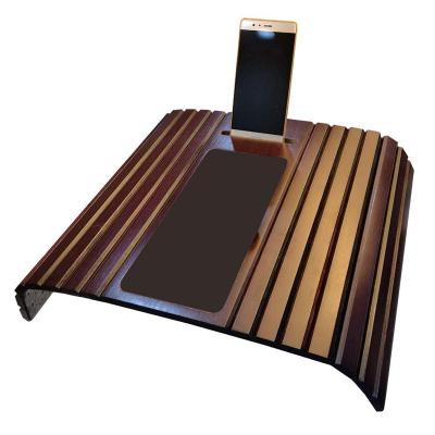 China China Walnut Brown Bamboo Sofa Arm Tray Table Wooden Sofa Armrest Tray With Cell Phone Slot for sale