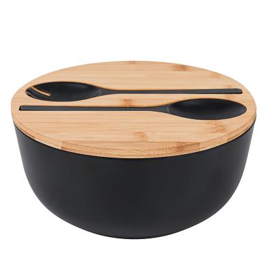 China Viable Black Reusable Organic Wooden Bamboo Ramen Pasta Fruit Bowl With Lid Fork And Spoon Utensils for sale