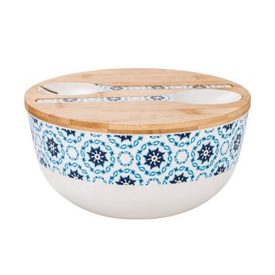 China Disposable Clean Design Large Serving And Bamboo Fiber Salad Bowl With Server And Bamboo Lid for sale