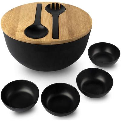 China Disposable Wood Open Bamboo Wooden Salad Bowl With Lid Bamboo Spoon And Fork for sale