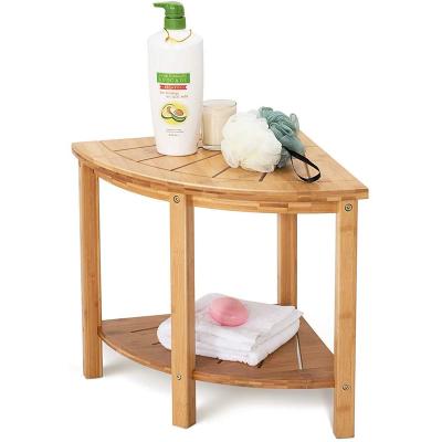 China Modern Corner Wooden Storage Bathroom Instruments Bath Seat Ottomans And Footstool Organizer With Shelf Bamboo Bathroom Shower Bench for sale