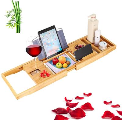 China Sustainable 100% Natural Bamboo Wooden Caddy Tray Expandable Tub To 105cm With Book Holder And Bamboo Soap Tray for sale