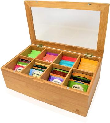 China Sustainable Bamboo Tea Box Tea Bags Organizer Tea Storage Wood Chest with 8 Adjustable Divided Compartments for sale