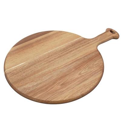 China Sustainable Round Shaped Acacia Wood Pizza Skin Cheese Serving Cutting Board With Handle for sale