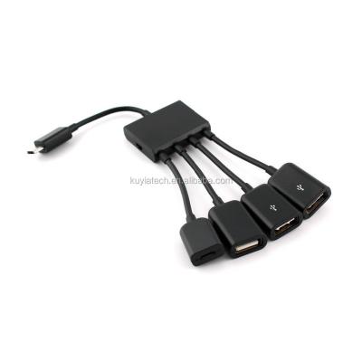 China Mobile Phone Types Micro USB Host OTG 3 Port Hub Adapter Cable With Charge For All OTG Enabled Android Phones for sale