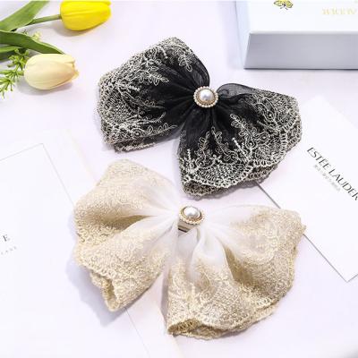 China Fashionable soft bow hairpin lace spring clip temperament pearl hairpin small fresh wholesale for sale