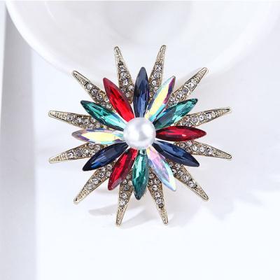 China Fashion Color Crystal Glass Sunflower Alloy Pearl Brooch Pin Ladies Brooch for sale