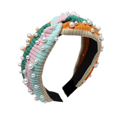 China Hot Selling Popular Trendy Fashion Rainbow Pearl Hairpin Barred Wide Knitted Wash Hair Band for sale