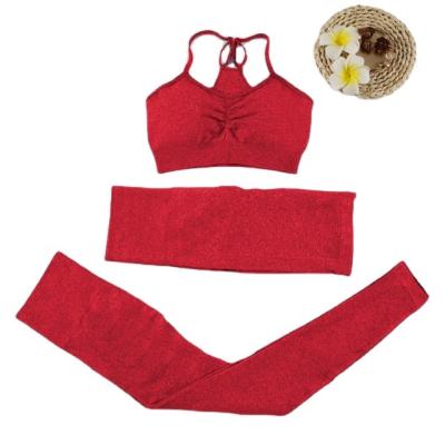 China Promotion 3PCS Antibacterial Sports Seamless Fitness Suits Women Yoga Set Workout Sports Shockproof Bra High Waist Shorts Gym Leggings for sale