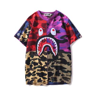 China Bape Hot Sale Unisex Casual Panel Anti-wrinkle T-shirt Colorful Camouflage Shark Printing Loose Round Neck Tee Shirt for sale