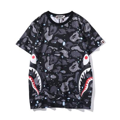 China Hot Selling Anti-wrinkle Unisex Casual T-shirt Bape Shark Printing Starry Night Light Camouflage T-shirt Loose Round Neck T-shirt for sale