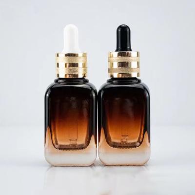 China Wholesale 30mL Eco-Friendly Skin Care Amber Refillable Serum Bottles Luxury Square Container Essential Oil Cosmetic Glass Bottle for sale