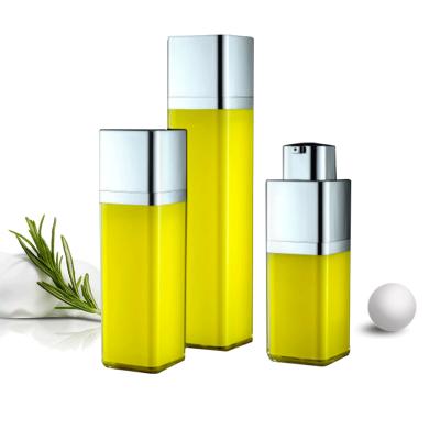 China Eco-friendly 15ml 30ml 50ml yellow airless cosmetic bottles double wall empty base acrylic airless bottle with pump for sale