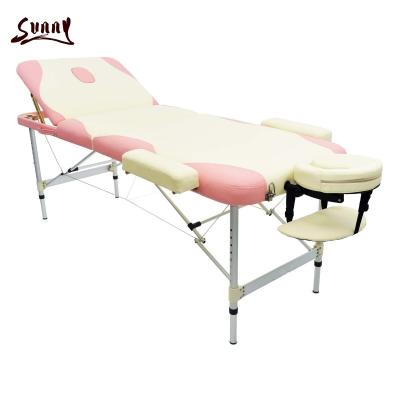 China Portable Massage Table Rose Cream Folding Massage Bed Massage Table Aluminum 3 Section Two Colors for sale