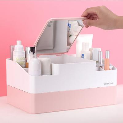 China New Fashion Creative Universal Cosmetics Makeup Organizer Stored Plastic Storage Box With Mirror for sale