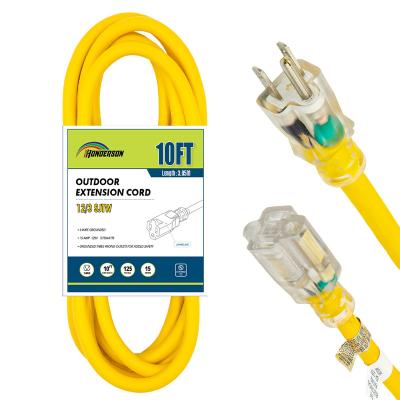 China Industrial Equipment HONDERSON 1FT 12/3 Lit Extension Cord 12 Gauge 3 Fork SJTW Outdoor Heavy Duty Yellow Extension Cable For USA for sale