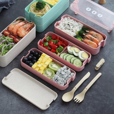 China Cheapest Price Wheat Straw Three-Layer Japanese Student Lunch Box Outdoor Picnic Storage Box Microwavable Bento Box for sale