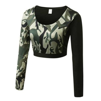 China Anti-Shrink Heat Transfer Printing Camouflage Female Crop Workout Shirt Women Gym Top T-Shirt With Logo Design Custom Made for sale