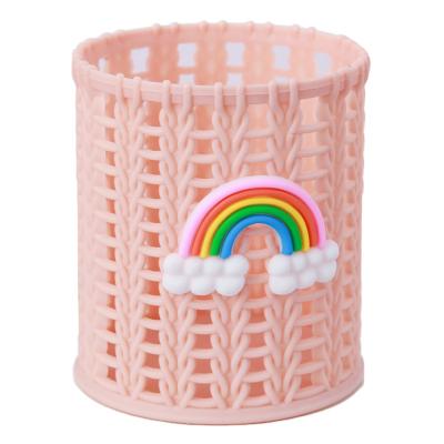 China Cute Cartoon Plastic Creative Rattan Pen Holder Container Student Stationery Makeup Brush Weaving Multifunctional Desktop Storage Box for sale