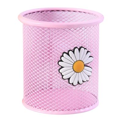 China Cute Hollow Metal Grid Pen Holder Pink Girl Pen Holder Cartoon Office Stationery Multifunctional Storage Container for sale