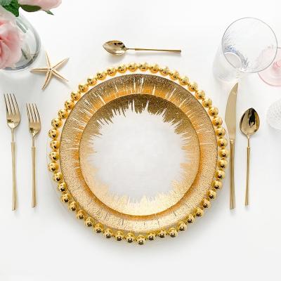 China 13 inch workable round gold charger glass dish for wedding for sale