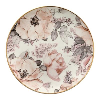 China Viable Pink Flower Design Bone China 12 Inch Charger Dish Table Decor Gold Rims For Events for sale