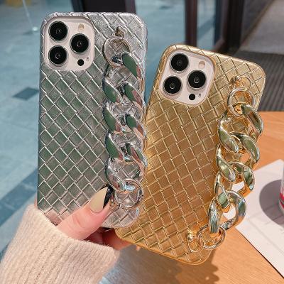 China Shockproof Woven Pattern Gold And Silver Two Tone Strap Pendant Phone Case For iPhone 13 12 11 Pro Mini X Max XR XS 7 Max 8 Plus Cover for sale