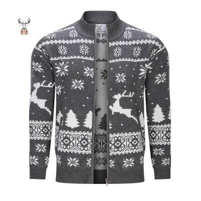 China Custom Anti-Wrinkle Logo Christmas Warm Winter Jacquard Knit Cotton Zip Up Full Zip Cardigan Men Sweater for sale