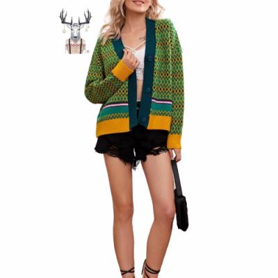 China Professional Manufacturer Anti-Shrink Button Geometric Pattern Oversized Women Knit Cardigan Sweater for sale