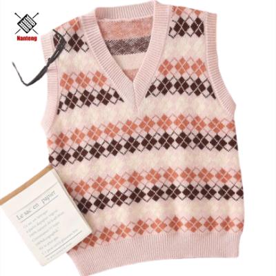 China Custom Made Casual Wholesale Anti Shrink Color Sweater V Neck Sleeveless Pink V Neck Knitted Sweater Vest for sale