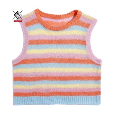 China Professional Manufacturer Rainbow Crop Round Anti-Shrink Neck Striped Mohair Knit Sweater Vest for sale