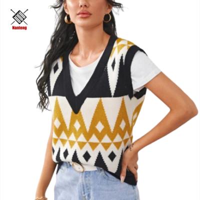 China Wholesale Custom Oversized Knitting Sleeveless Geometric Sweater Anti-Shrink Pattern V-Neckline Vest Sleeveless Sweater for sale