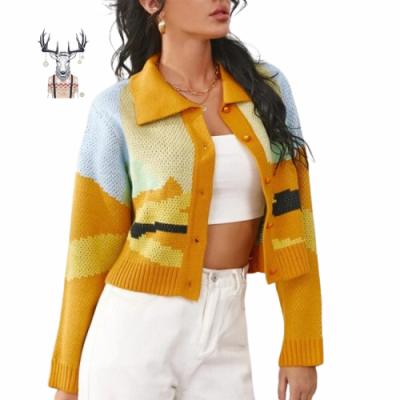 China Factory Wholesale Colorblock Anti-Shrink Button Up Crop Top Women Cardigan Sweater for sale