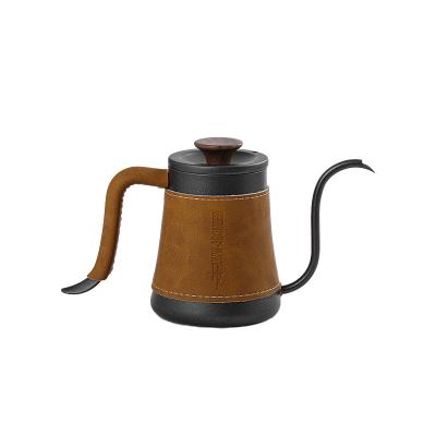 China Durable Stainless Steel Walnut 360ml Cowhide Coffee Tea Gooseneck Coffee Kettle Thermometer Pour Over Maker Hand Drip V60 Coffee Kettle for sale