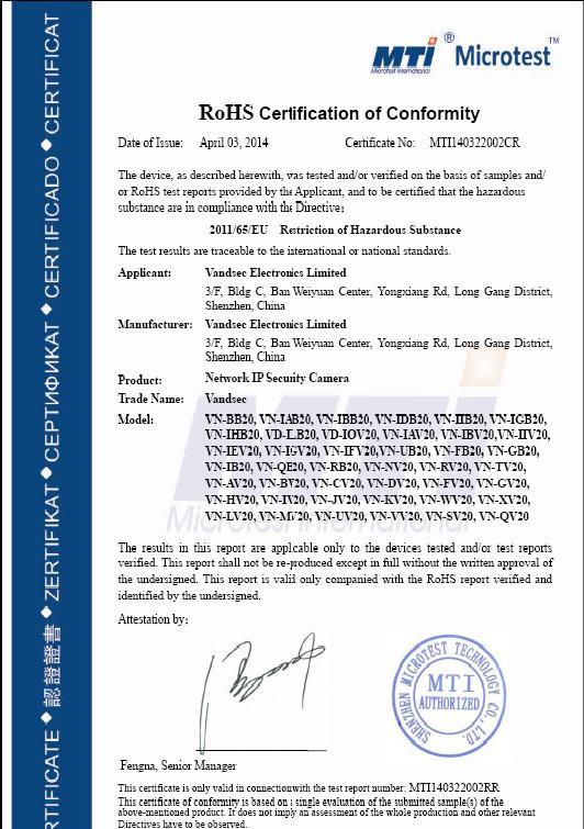 RoHS - Shenzhen Vandsec Electroncis Limited