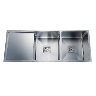 China Faucetless Sinks 304 Stainless Steel Double Bowl Handmade Topmount Kitchen Sink With Drainer for sale