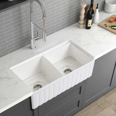 China Without Faucet 33 Inch Double Bowl Fireclay Farmhouse Sink Butler Sink Kitchen Sinks for sale