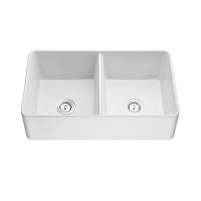 China Without Faucet Kitchen Basin Front Quartz Double Offset Bowl American Standard Kitchen Sink in White for sale