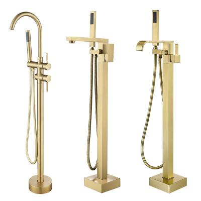 China Without Sliding Bar Brushed Freestanding Tub Faucets Full Brass Bath Tub Mixer Tap Gold Finish for sale